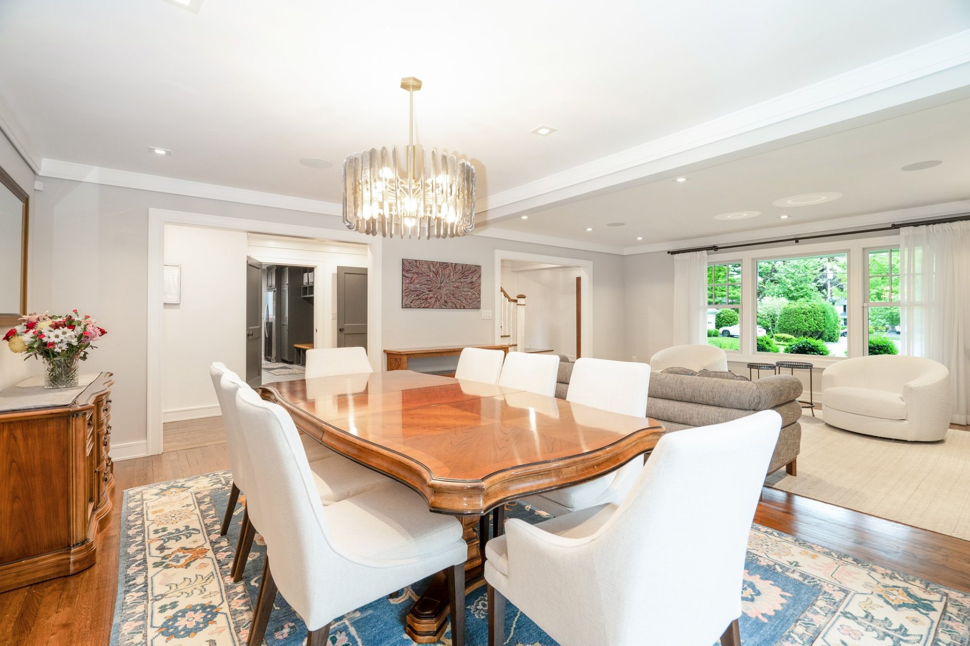 Formal dining room with statement chandelier